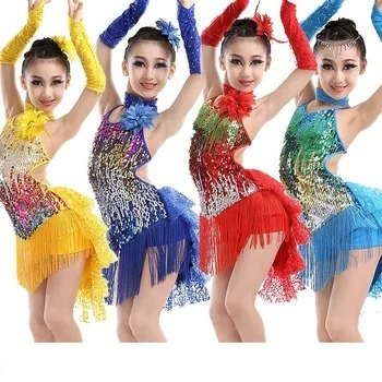 sequin fringe skirt dress latin costumes competition girls salsa children dresses girls skirts for kids latin dance samba 2016