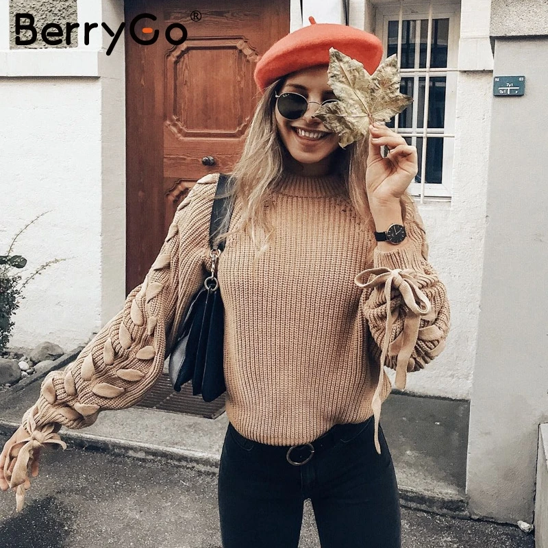 Женский Повседневный вязаный свитер BerryGo розовый джемпер с круглым вырезом на