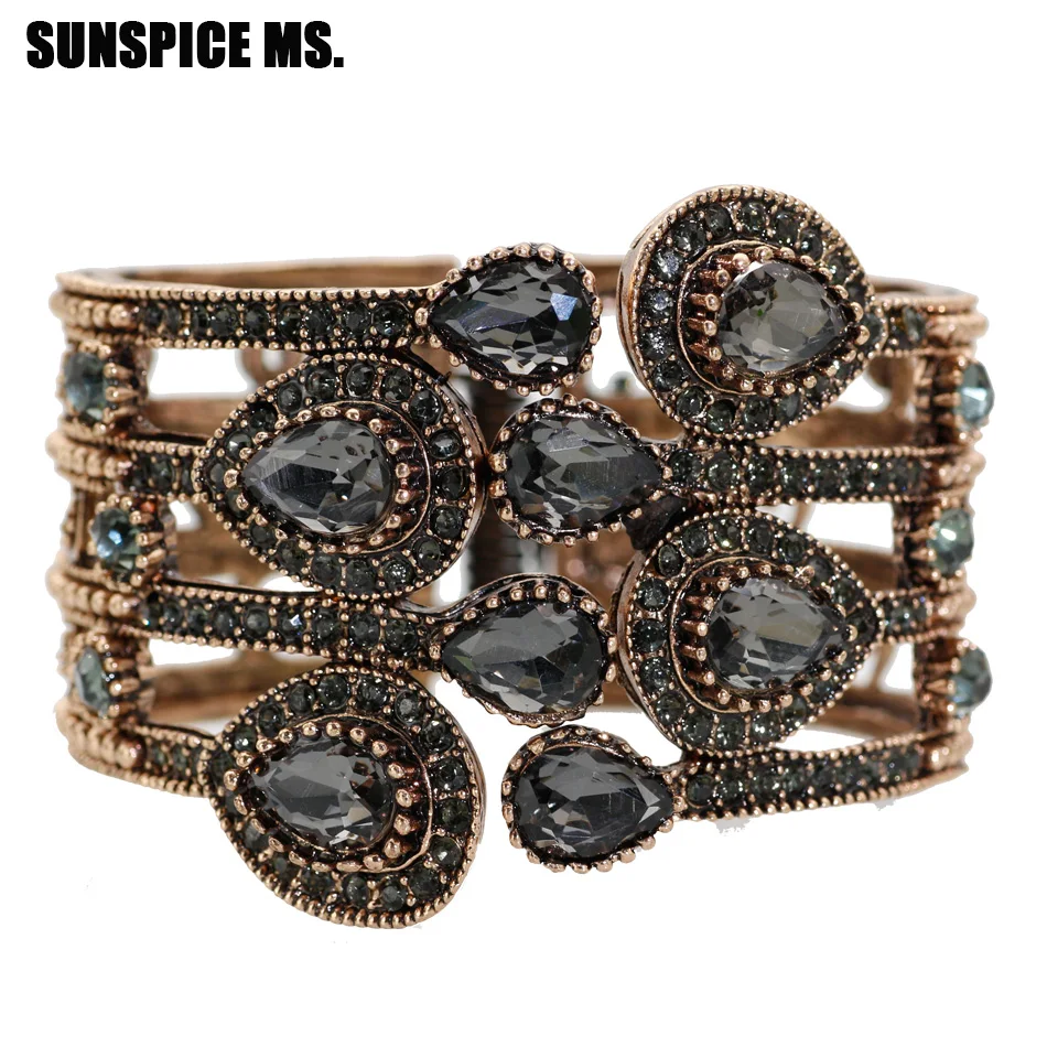 

SUNSPICEMS Turkish Retro Vintage Women Cuff Bangle Antique Gold Color Bohemia Ethnic Wedding Jewelry Indian Gray Stone Bracelet