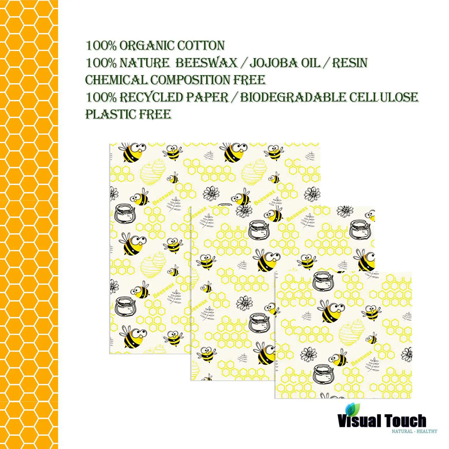 Визуальное прикосновение пчелиный принт ткань 3 размера пчелиный воск обертывание органическое многоразовое пищевое обертывание s Экологичное хранение натуральный ноль отходов нетоксичный
