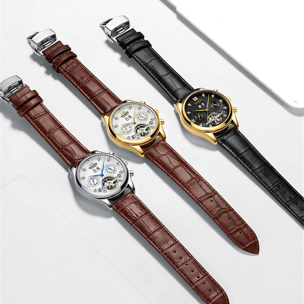 HAIQIN Лидирующий бренд, автоматические механические мужские часы, деловые часы, мужские кожаные водонепроницаемые наручные часы, мужские часы