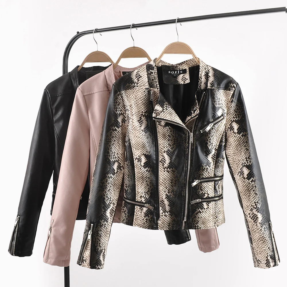 

2019 New Fashion Women Hot Motorcycle Faux Leather Jackets and Coats Ladies Autumn Winter Snake Skin Black Streetwear Outerwear