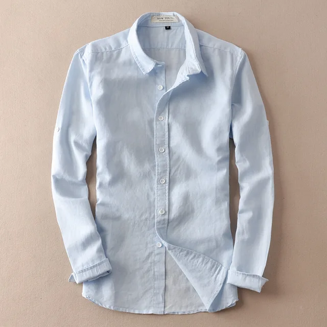 Stylish Mens Solid Linen Shirts Slim Fit Long Sleeve White Soft Clothes