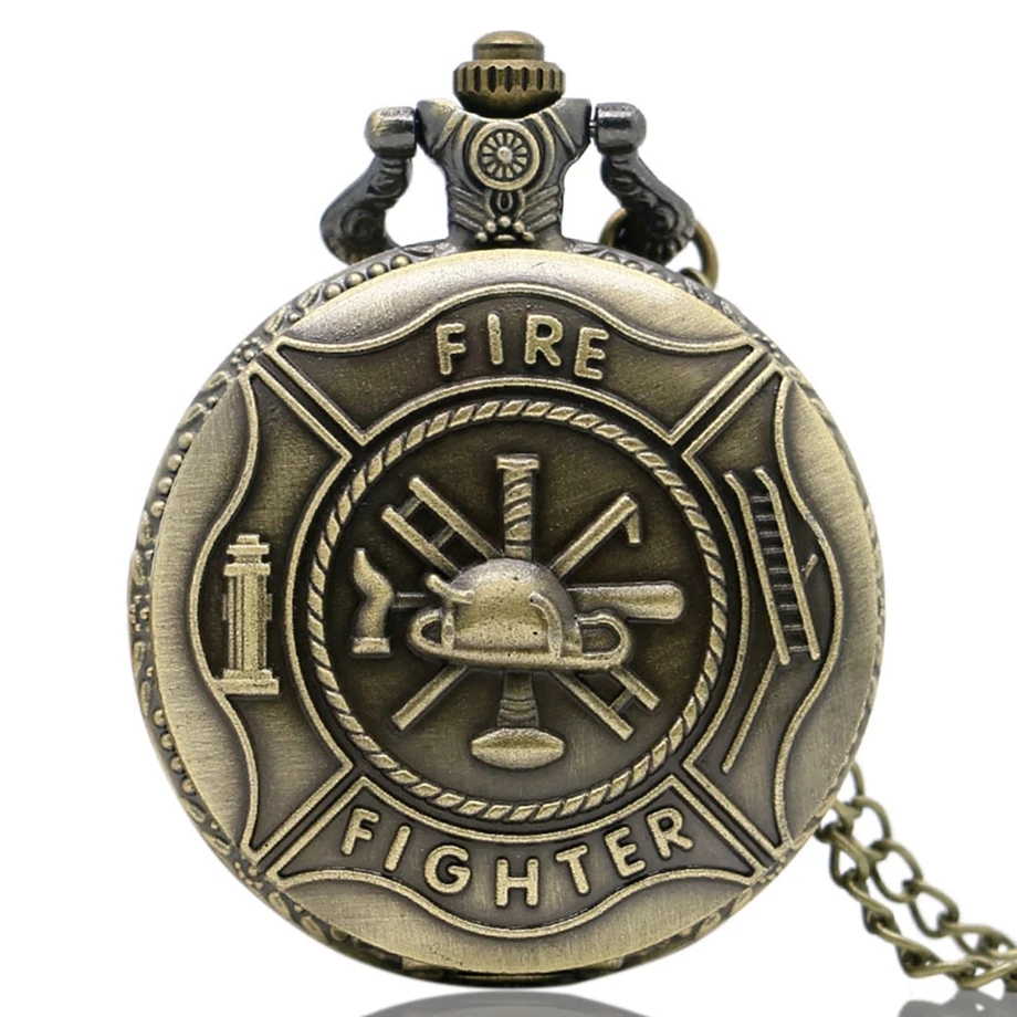 Античная бронза карманные часы классический красный пожарный символ резьба тонкий ожерелье творческие студенты мальчики часы лучший пожарный стимпанк мужчины подарки