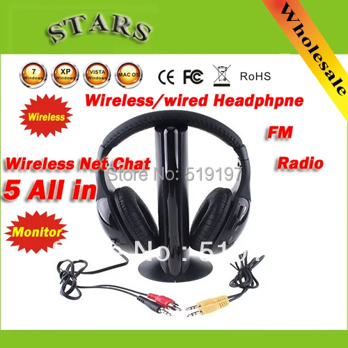 

Fashion Professional 5 in 1 Wireless Earphone Headphone Monitor FM Transmitter for MP3 PC TV CD