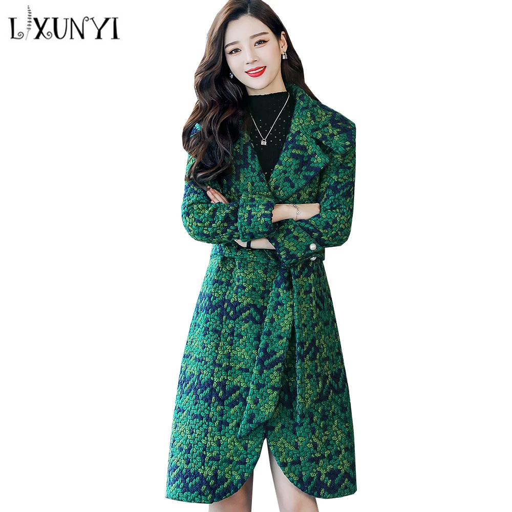 LXUNYI 4XL Autumn Plaid Women Wool Coat Female Jacket Long Autumn 2018 Belt Red Green Ladies Overcoat Outwear Coats Plus Size