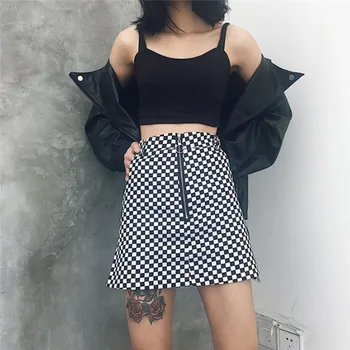 

2017 Summer New Harajuku Women Mini Skirt Black White Plaid High Waist A-Line Ring Zipper Decoration Female Skirts