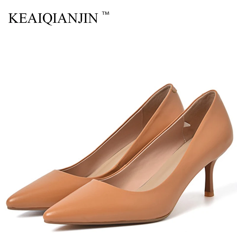 KEAIQIANJIN Woman Genuine Leather Pumps Apricot Brown Fashion Sexy Stiletto High Heels Shoes Snakeskin Pointed Toe Career Pump