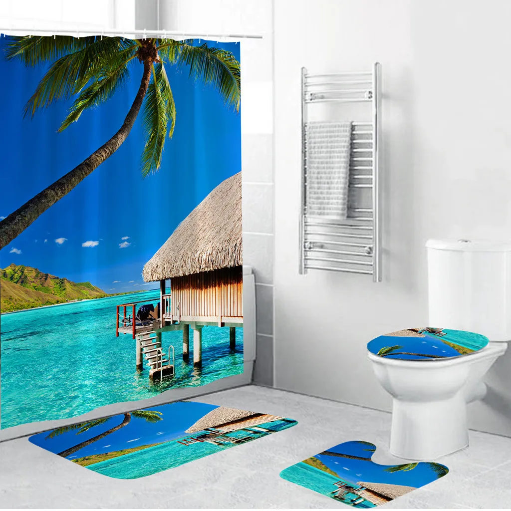 

2019 New 4PCS Non Slip Toilet Polyester Cover Mat Set Bathroom Shower Curtain Bathroom Curtains Drop Shipping