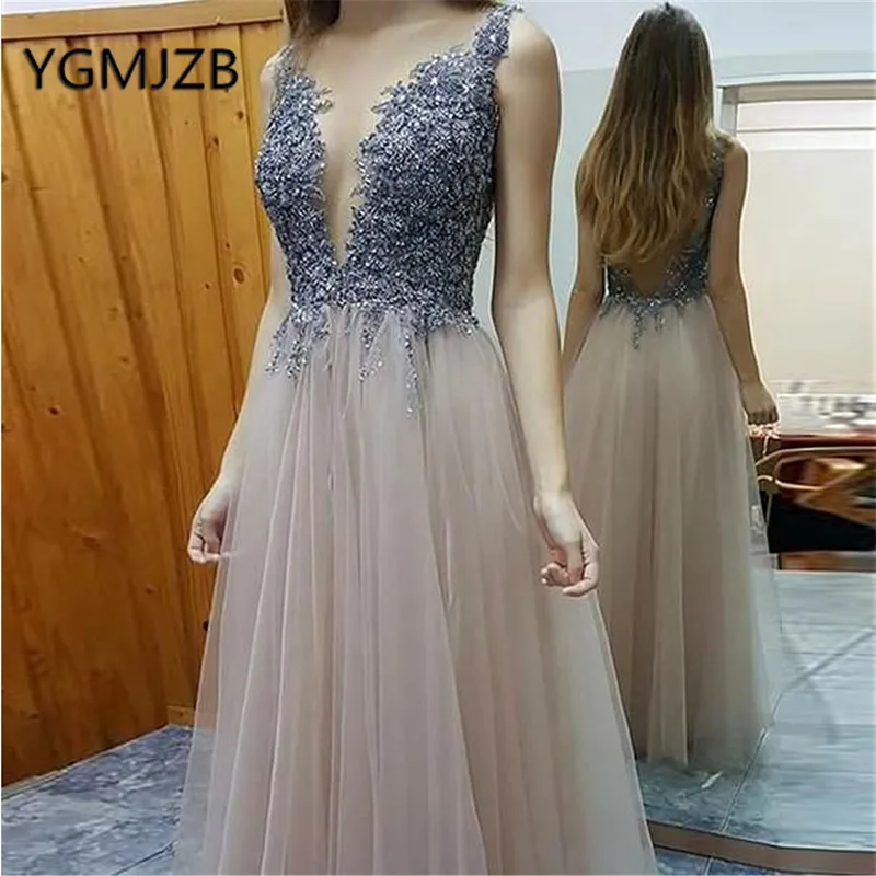 

Backless Long Evening Dresses 2019 A-Line V-Neck Glitter Beaded Crystal Tulle Women Formal Prom Gown Party Dress Robe De Soiree