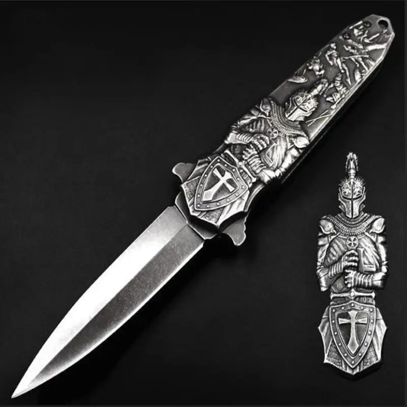 

3D Carving Crusader Knife Full Steel Assisted Open Knives Cross Collection Knifes Pocket Folding Blade Tactical Hunting Fishing