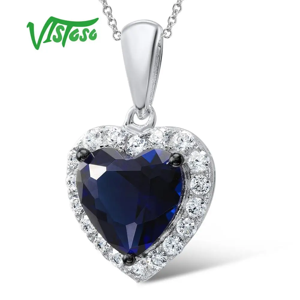 

VISTOSO Silver Heart Pendant For Women's Jewelry Blue Crystal White CZ Stones 925 Sterling Silver Necklaces Pendant Fine Jewelry