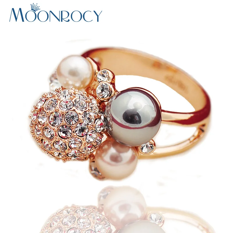 

MOONROCY Free Shipping Rose Gold Color Cubic Zirconia Austrian Crystal Imitation Pearl Rings Fashion Jewelry for Women Girls