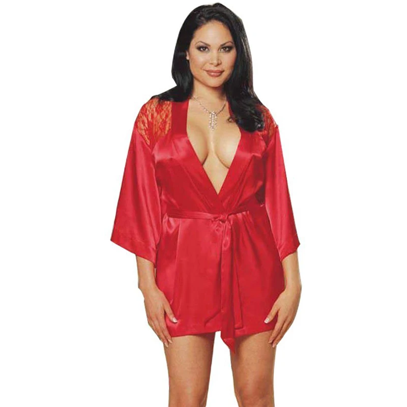 Women Imitation Silk intimate pyjamas 2/pcs Sets Robe + G-string underwear lace mesh slips dress sheer sexy lingerie half slips