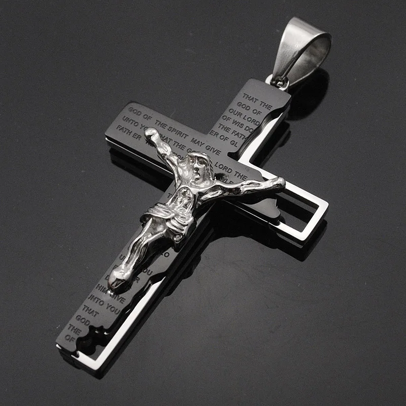 AMUMIU, ожерелье из нержавеющей стали с крестиком Иисуса в католической церкви, религиозное распятие, модное ювелирное изделие для мужчин и женщин, KP102 - Окраска металла: Black