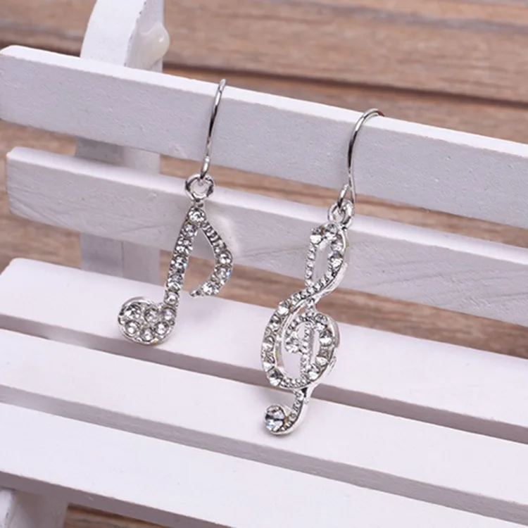 Asymmetric Personality Trendy Music Notes Ear Hook Crystal Silver Color Rhinestone Earring Women Accessory Lady Stud Earrings