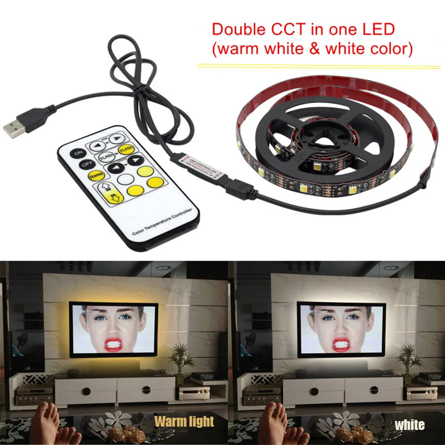 

Dimmable CCT Led Strip Light USB TV Backlight Stripe 5050 Lighting with RF Controller Adjustable for Living Room Bedroom