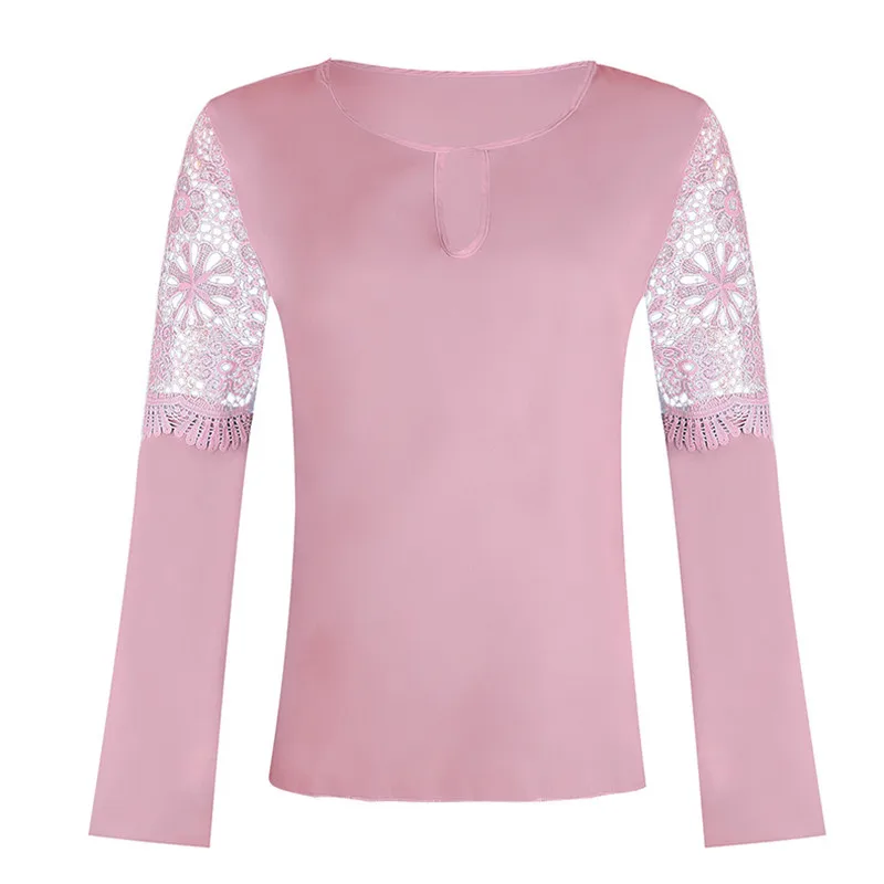 Women Blouses Solid Flare Sleeve Chiffon Blouse Lace Hollow Out  Womens Tops and Blouses Office Pink Shirts  Womens Clothing