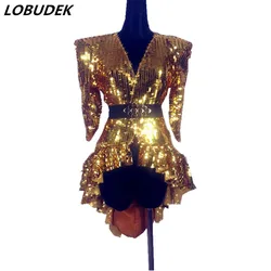 Sequins Jacket Overcoat Long European Fashion Singer Dj Ds Costume Stage Dancer Performance Sexy Nightclub Gold Silver Black