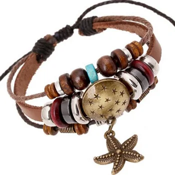 

Retro Leather Bracelets Bronze Sea Star Pendant Round Shield Studs Women Charm Bracelets 100% Genuine Leather Wristband Jewelry
