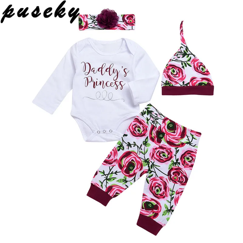 Puseky для новорожденных для маленьких девочек s Комплекты одежды топы с цветным принтом; боди с длинным рукавом штаны шляпа, наряды комплект одежды из 3 предметов для маленьких девочек на возраст от 0 до 24 месяцев