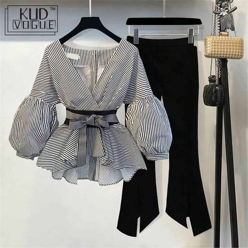

2019 New Striped Blouse & Wide Leg Pants Set with Sashes Fashion Puff Sleeve Blusas+Flare Pants 2 PCs Women Suits S-3XL 8446