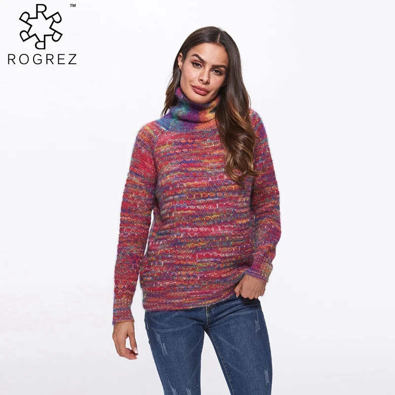 

ROGREZ Red Rainbow 2018 Casual Cashmere Sweater Women sueter mujer invierno Long Sleeve Turtleck Winter Sweaters