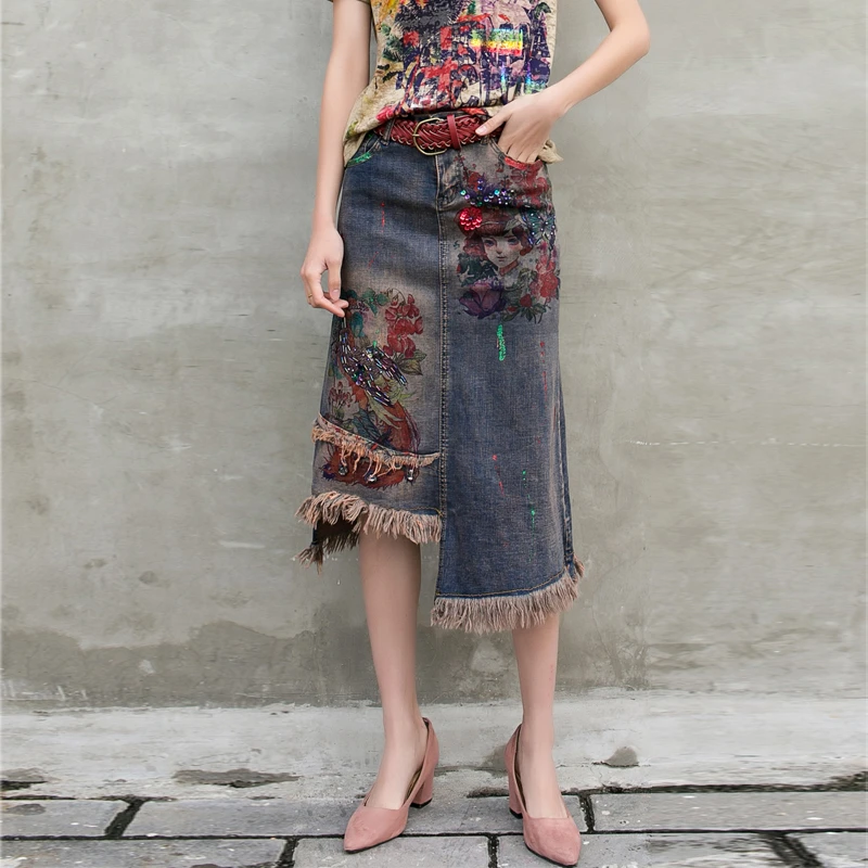 Asymmetrische Kwastje Lange Denim Rok Vintage Gedrukt Pailletten Hoge Taille Elastische Vrouwen Rokken Plus Size Dames Office Sexy Jeans Asymmetrische Kwastje Lange Denim Rok Vintage Gedrukt Pailletten Hoge Taille Elastische Vrouwen Rokken Plus Size Dames Office Sexy Jeans