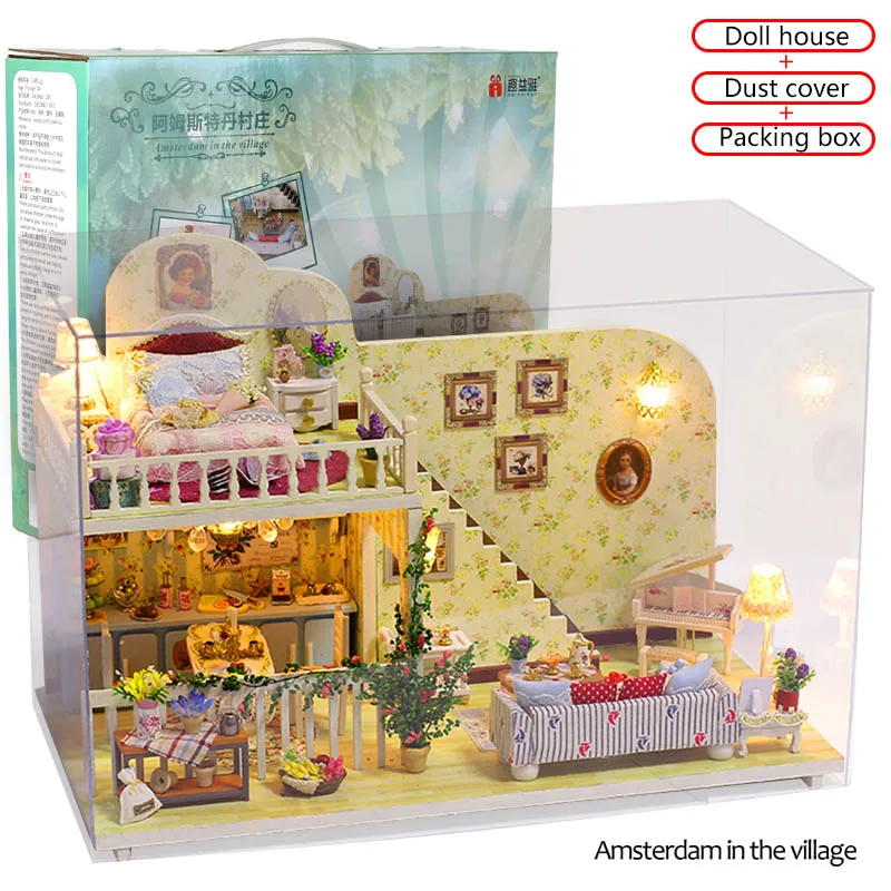 DIY Doll House Wooden Doll Houses Miniature Dollhouse Furniture Kit with Led Toys for Children Birthday Gift - Цвет: Box And Dust Cover