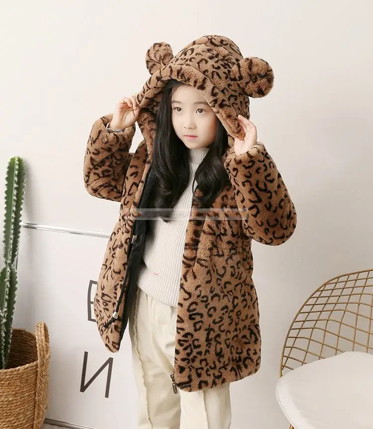 Коллекция года, зимняя детская одежда для девочек флисовая верхняя одежда с искусственным мехом Детский Теплый зимний комбинезон леопардовая куртка с капюшоном для девочек-подростков, Q819