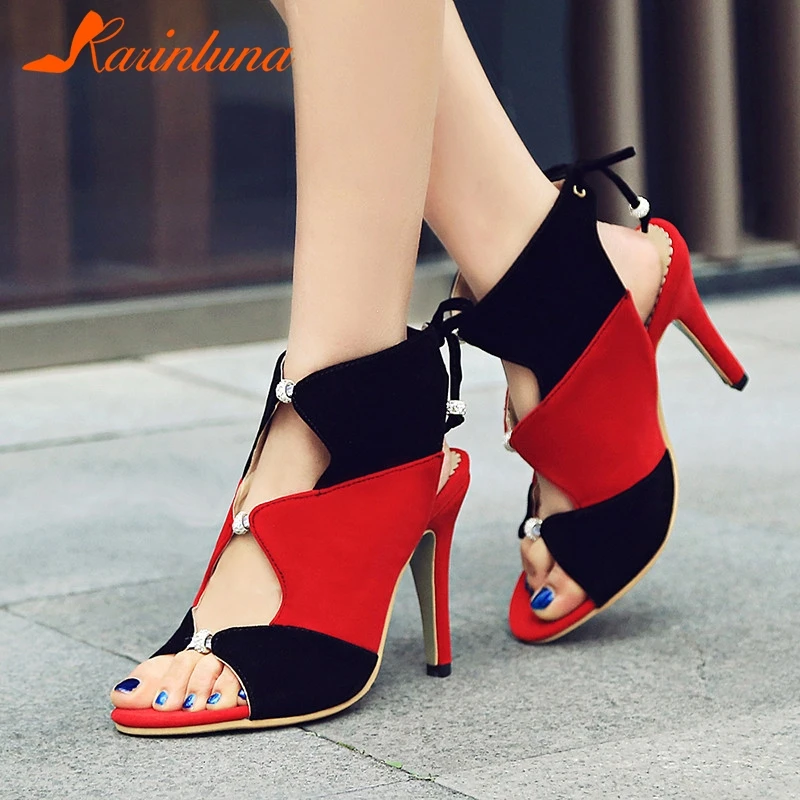 

KARINLUNA New Plus Size 32-46 Lace Up Mixed Colors Ladies High Heels Rome Shoes Woman Casual Party Sexy Summer Evening Sandals