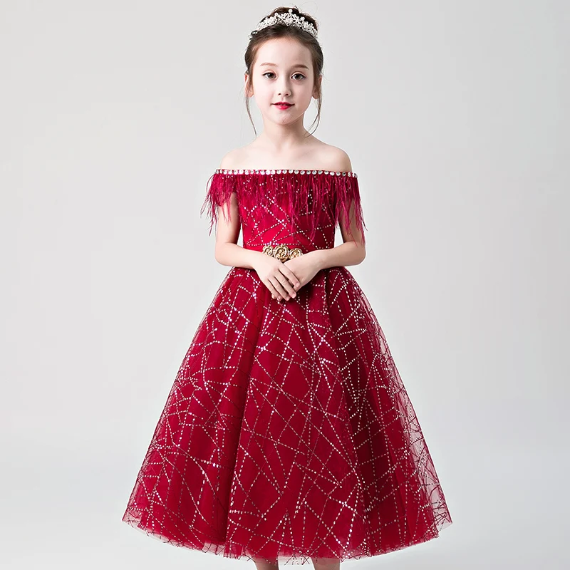 Red Lace Flower Girls Dresses for Weddings Gold Belt Shoulderless Tulle Girl Pageant Gowns