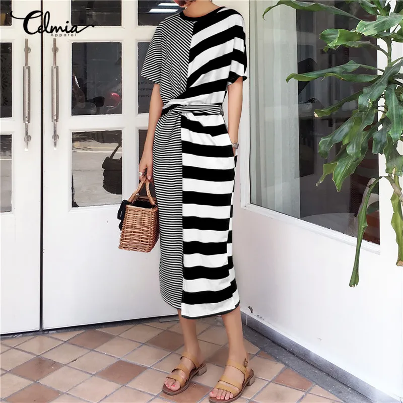 Celmia Oversized Vestidos Robe Femme 2018 Summer Women Striped Belted Split Shirt Dress Pockets font b
