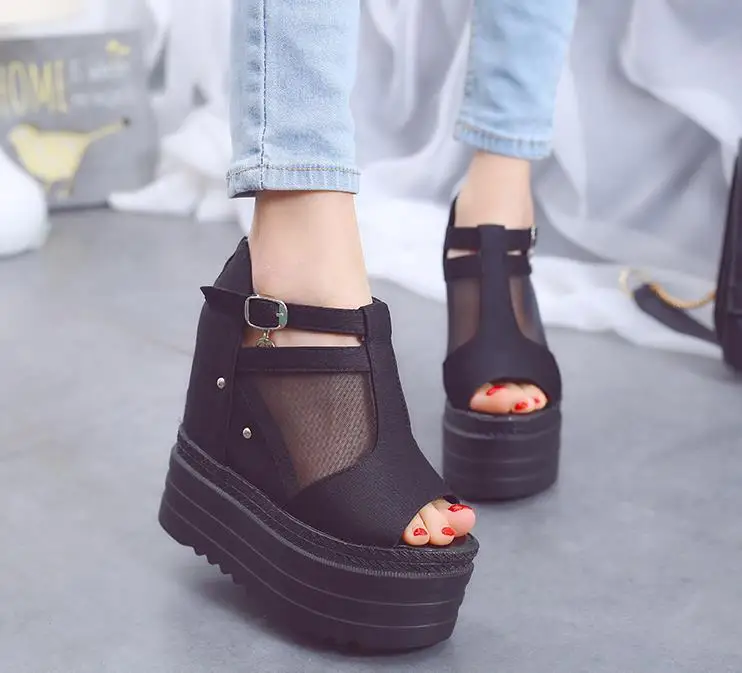 

2018 autumn new ultra high heel 12cm height increase wedge heel thick platform sandals sponge cake sexy fish mouth shoes