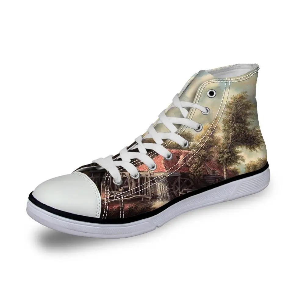 

Breathable Men Casual Country Cow Painting Art Print Lace Up Shoes Male Simple Design Vulcanized High-Top Canvas Flat Shoes