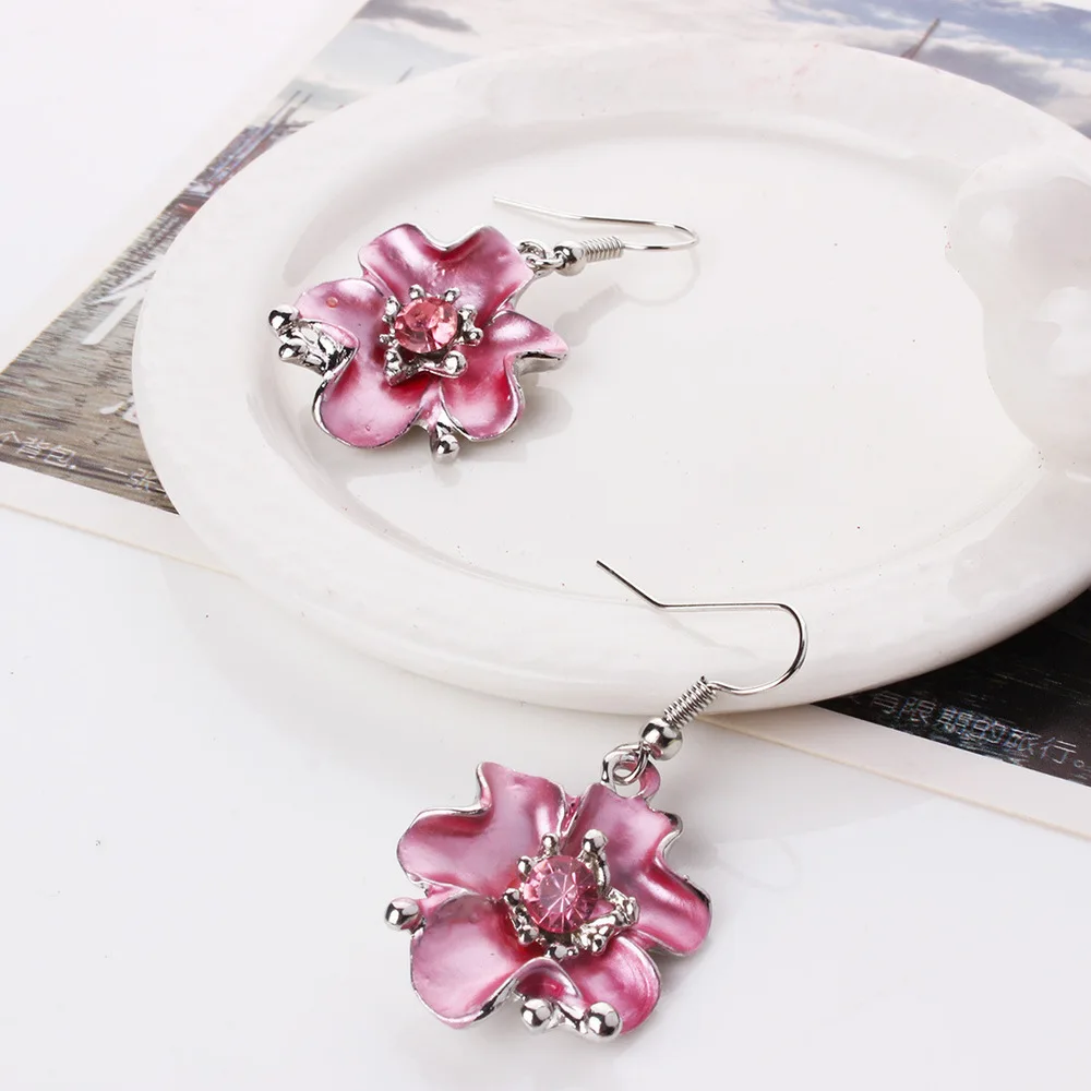 Модный милый цветок, эмаль, ювелирный набор, серебряный цвет, розовая краска, набор свадебных ювелирных изделий для женщин, ювелирное изделие для костюма, ожерелье макси