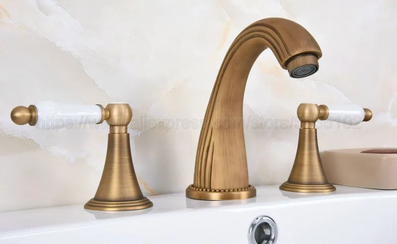 Bathroom Basin Faucet Antique Brass Bathroom Basin Mixer Tap Sink Faucet Double Handles 3 Hole Bathroom Basin Faucet zan091