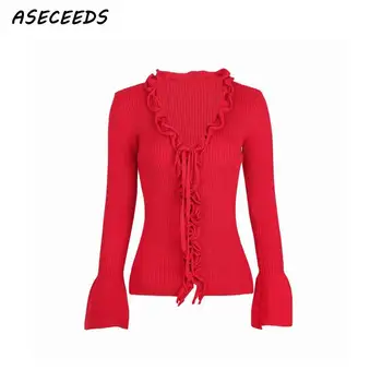 

Korean cardigans women Autumn vintage black red kawaii cute ruffle sweaters fashion 2019 women fall winter tops streetwear