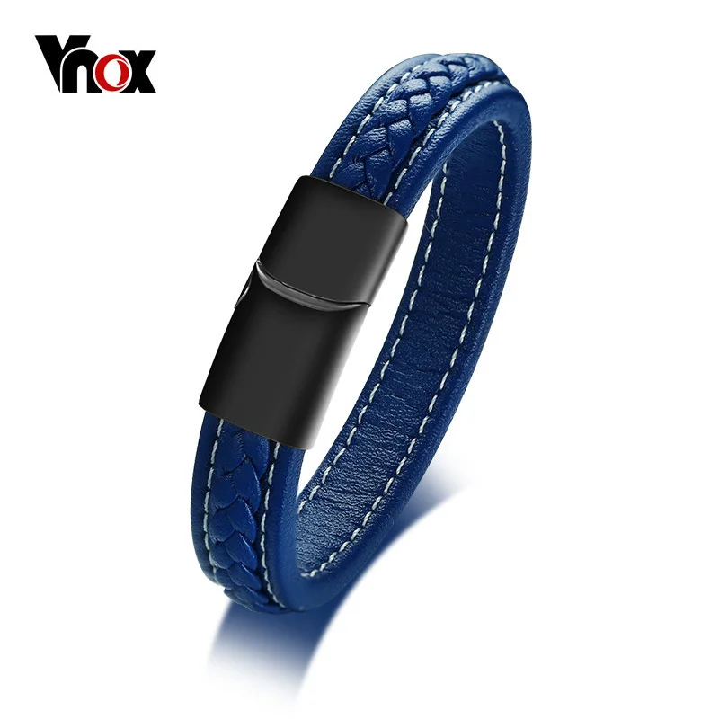 

Vnox Men's Blue Genuine Leather Rope Bracelet Magnetic-Clasp Braided Wrap Pulseira Masculina 8.26"-9.05