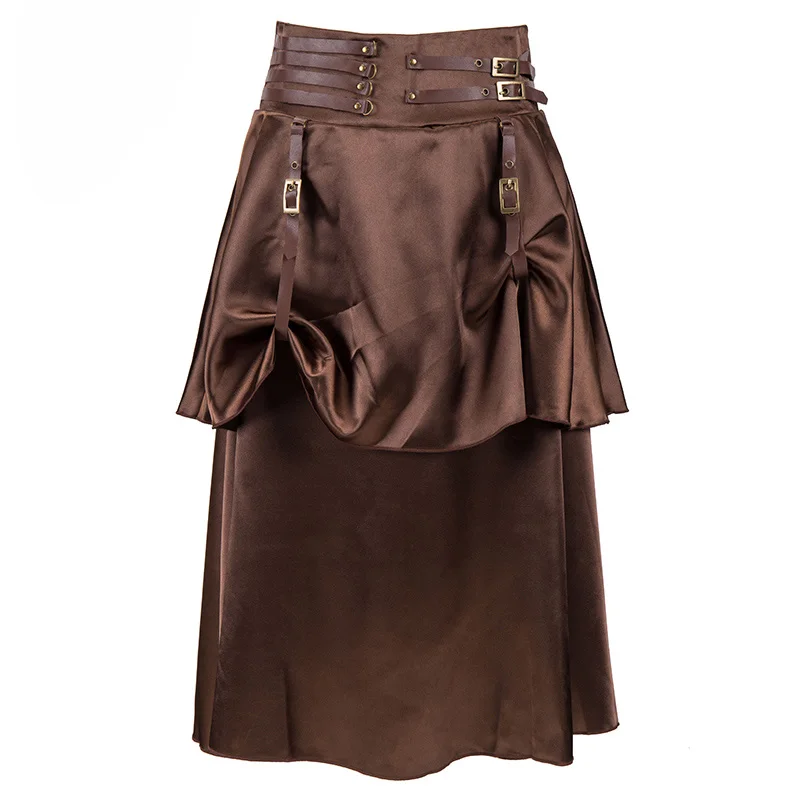 Brown Satin With Leather Belt Buckle Retro Vintage Skirt Steampunk