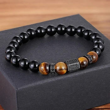 African CZ Charm Stretch 8MM Tiger Eye Shiny Black Beads Bracelets