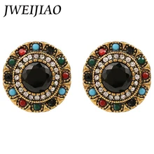 JWEIJIAO High quality Crystal Clip Earrings Colorful Cabochon Enamel Jewelry Vintage Round Flower Earrings E0074