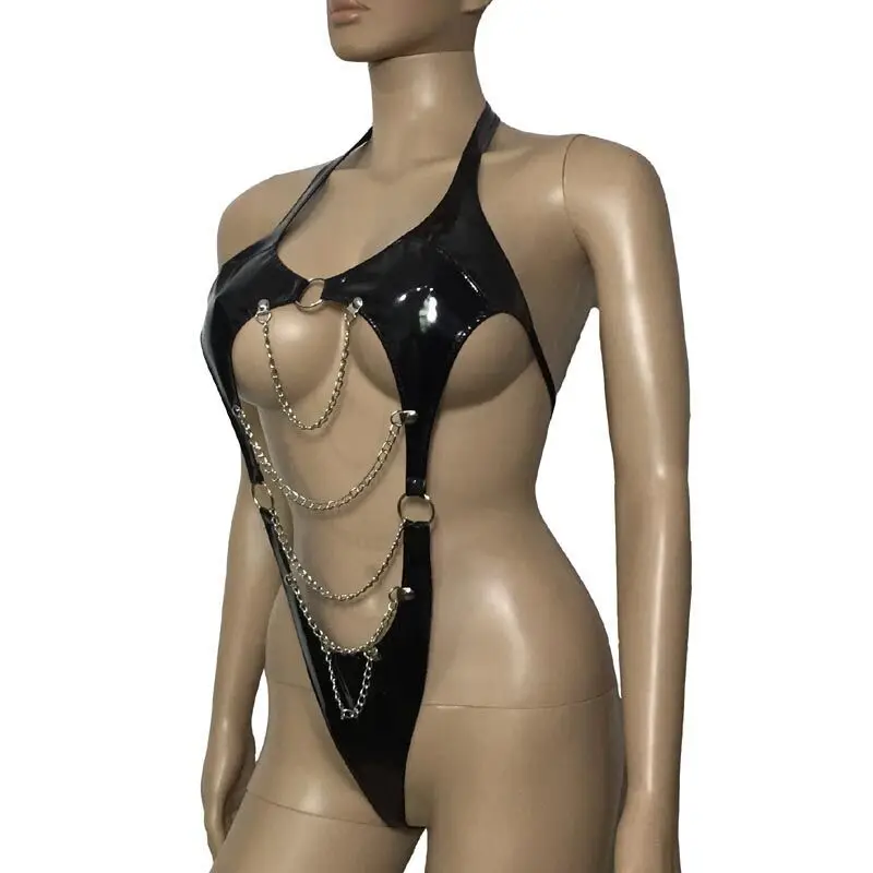 Сексуальный женский купальник из лакированной кожи с эффектом мокрого вида, боди с драпировкой спереди и цепочкой, бикини с кружевом сзади, Тедди, фетиш, белье, костюм