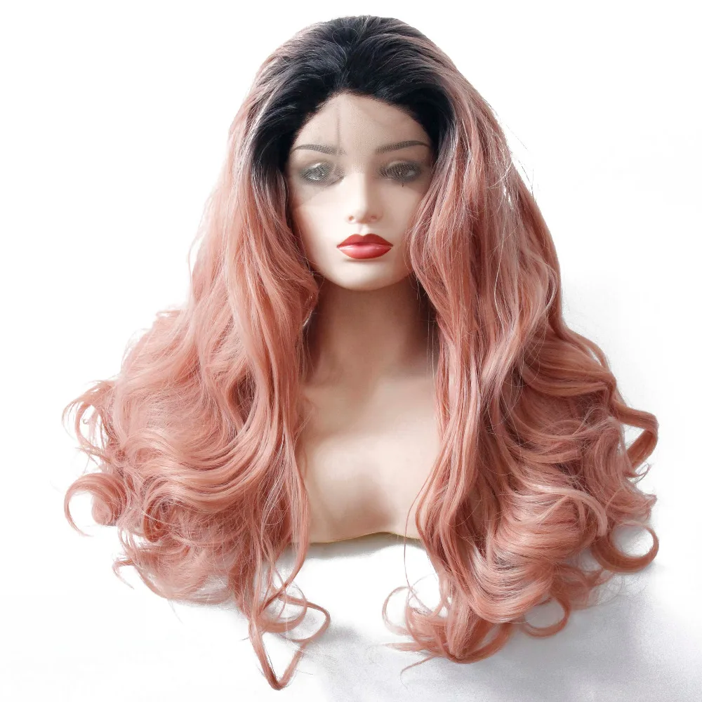 V'NICE Synthetic Lace Front Wigs Rose Gold Free Part Body Wave Dark Roots Ombre Pink Heat