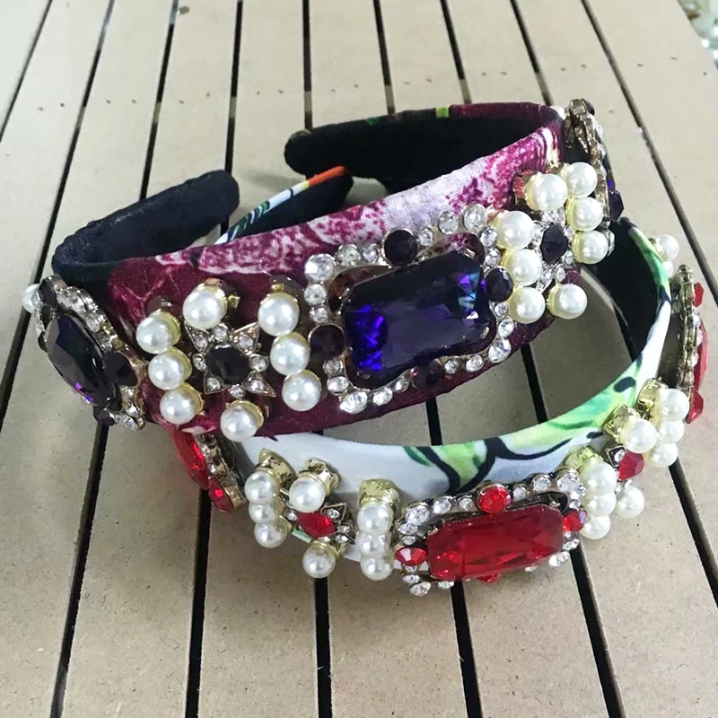 

2019 Trendy Red Hair Accessories Purple Crystal Jewelry Pearl Square Baroque Crown Wide Pendant Hairband Tiara Women Party Gift