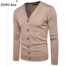 Новинка, вязаный свитер, мужской кардиган на пуговицах, Повседневный, мужской, однотонный, v-образный ворот, хлопок, свитер, верхняя одежда, Европейский/американский размер