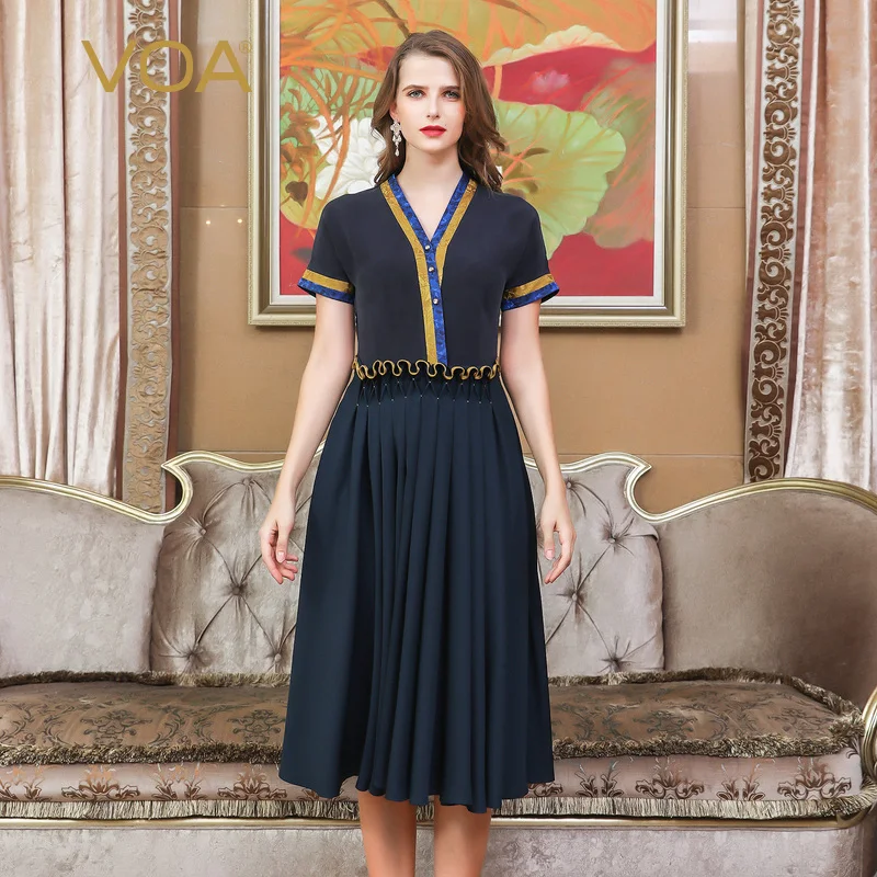 VOA Midi Zware Zijden Shirt Jurk Vrouwen Zomer Geplooide Jurken Tuniek Slanke Dames Kleding Casual Korte Mouw Marineblauw A10101 VOA Midi Zware Zijden Shirt Jurk Vrouwen Zomer Geplooide Jurken Tuniek Slanke Dames Kleding Casual Korte Mouw Marineblauw A10101