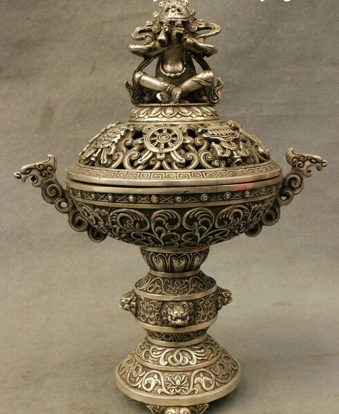 

wholesale factory 12" Tibet Silver Buddhism 8 Auspicious Symbol Mahakala Statue Incense Burner