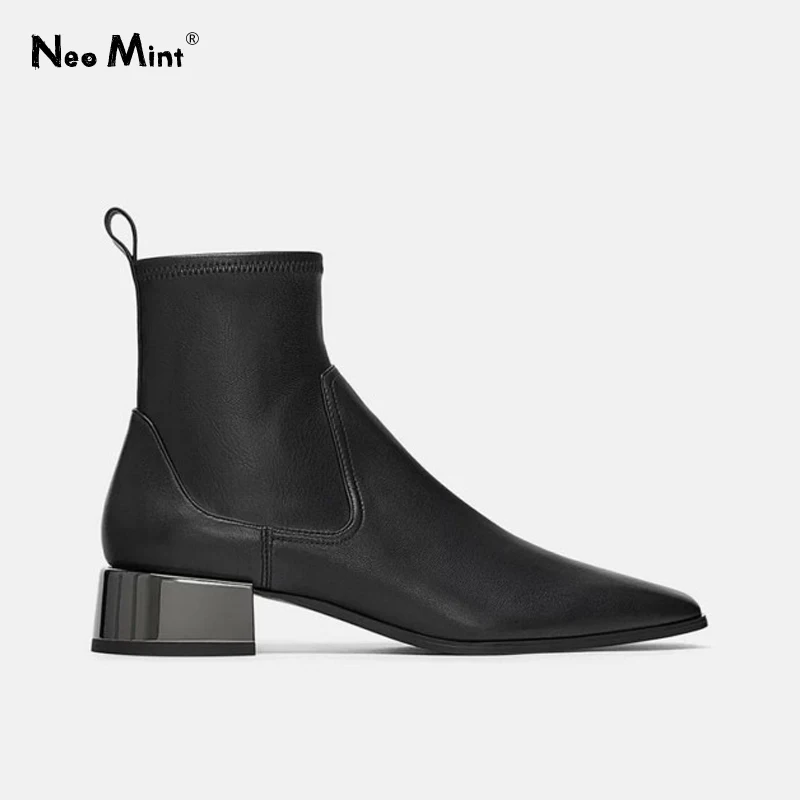 

2019 Leather Boots Women Metal Square Heel Ankle Boots for Women Fashion Ladies Autumn Winter Shoes Woman Black Boots Women