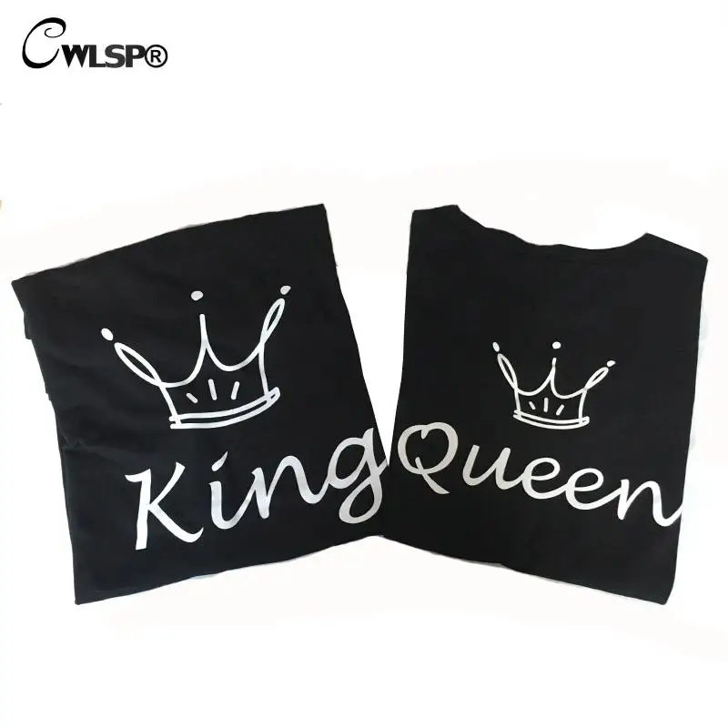 

CWLSP King Queen Cotton T Shirt Imperial Crown Back Print Couple Clothes lovers Tee Shirt Femme 2017 Summer T-shirt Tops QA1193